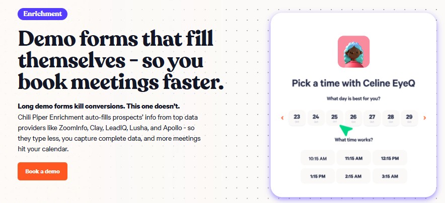 Chili Piper Enrichment auto-fills demo forms with prospect information, speeding up the meeting booking process