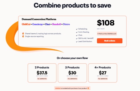 Demand Conversion Platform pricing details for combining ChillCal, Concierge, Chat, Handoff, and Distro, with a bundled price of $108 per user per month.