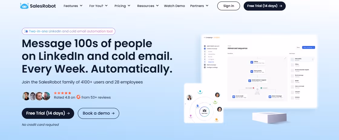 Screenshot of the SalesRobot website, highlighting its features as a two-in-one LinkedIn and cold email automation tool.