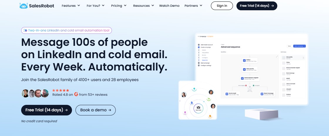 Screenshot of the SalesRobot website, highlighting its features as a two-in-one LinkedIn and cold email automation tool.
