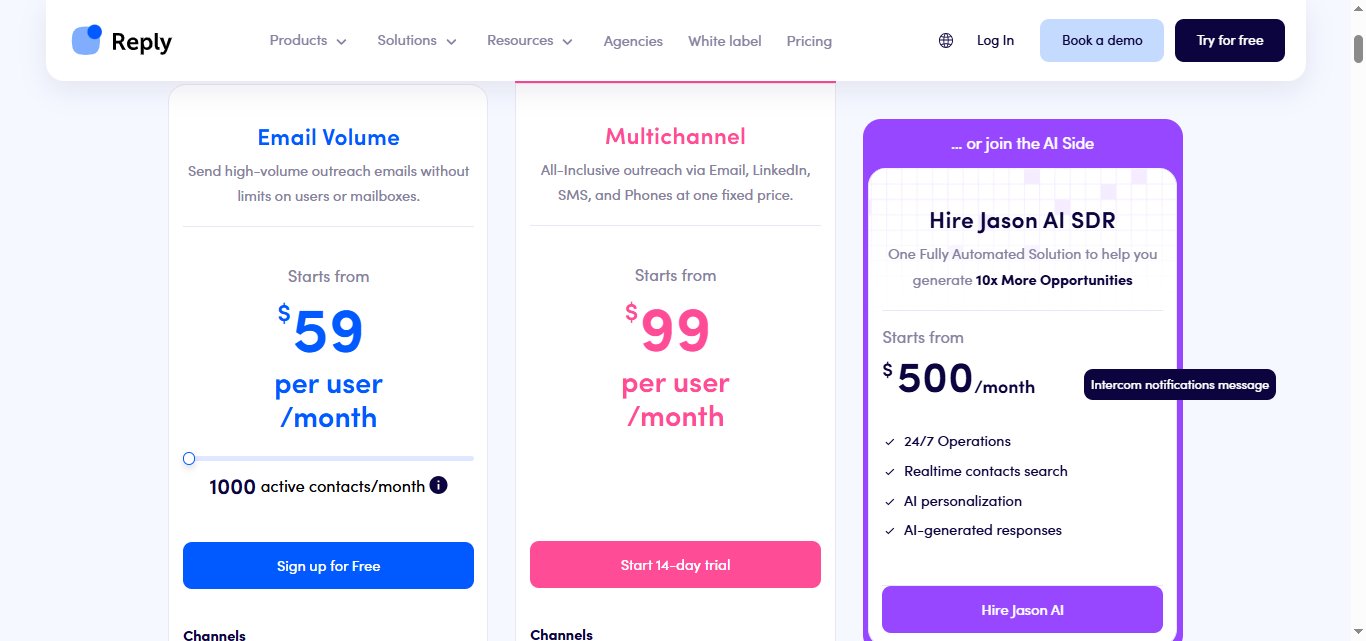 Reply pricing plans for Email Volume, Multichannel, and Hire Jason AI SDR.