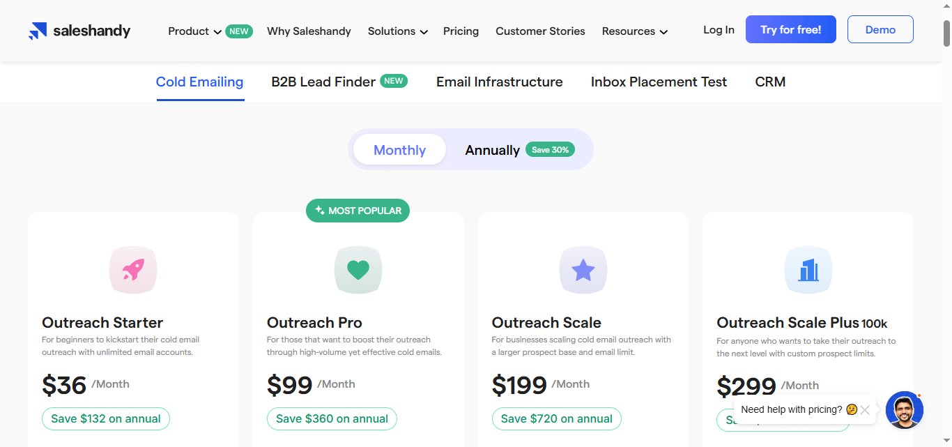 Saleshandy cold emailing pricing plans.