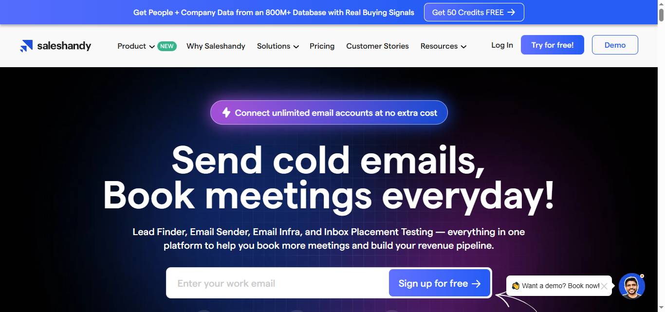 Saleshandy website with a headline about cold emails.