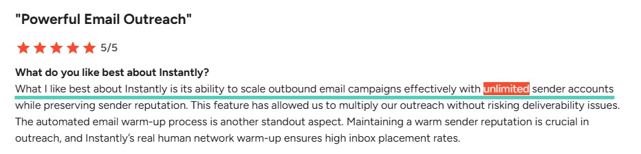 A customer review for Instantly.ai highlighting its "unlimited sender accounts" for scaling outbound email campaigns. 