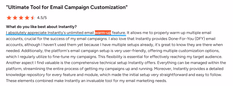 A customer review for Instantly.ai praising its unlimited email "warm-up" feature and user-friendly campaign setup.