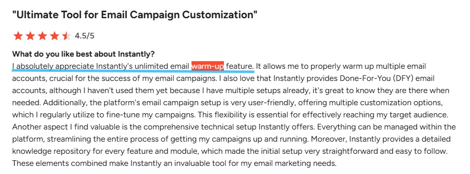 A customer review for Instantly.ai praising its unlimited email "warm-up" feature and user-friendly campaign setup.