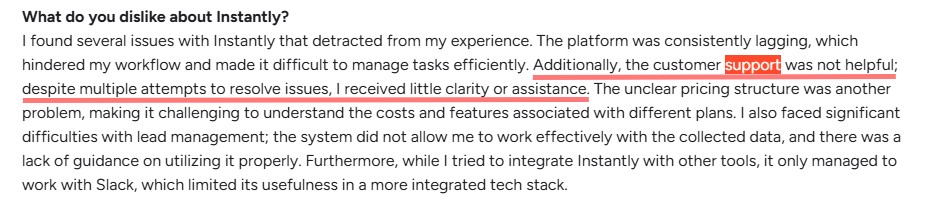 User feedback detailing issues with the Instantly platform, including lagging, unhelpful customer support, unclear pricing, and difficulties with lead management and integrations