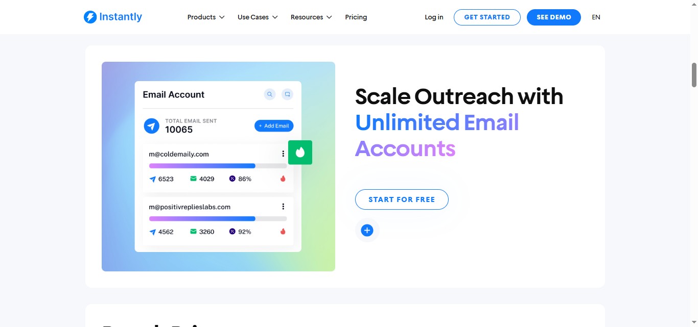 Instantly homepage showcasing "Scale Outreach with Unlimited Email Accounts" with an illustration of email accounts