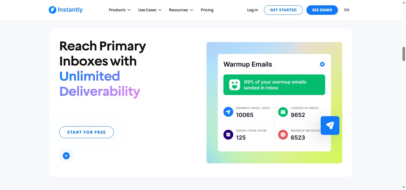 Instantly homepage showcasing "Reach Primary Inboxes with Unlimited Deliverability" with an illustration of warmup emails. 