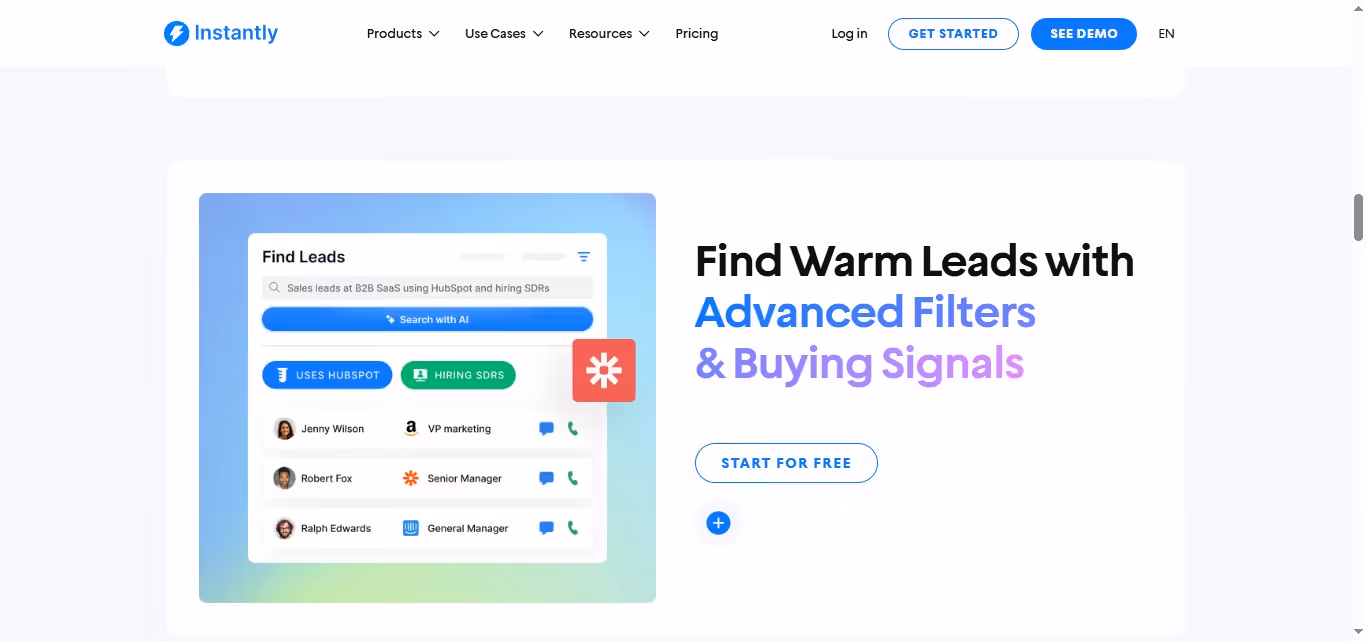  Instantly homepage section "Find Warm Leads with Advanced Filters & Buying Signals" with an illustration of lead search results