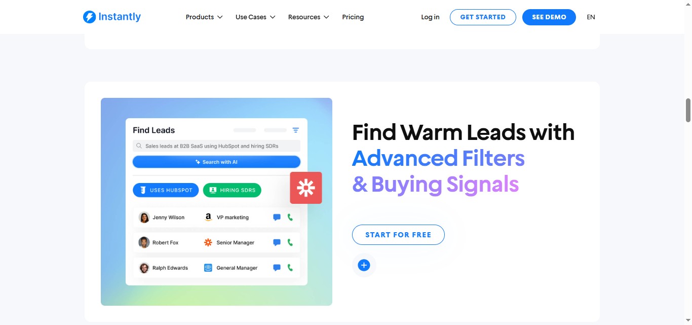  Instantly homepage section "Find Warm Leads with Advanced Filters & Buying Signals" with an illustration of lead search results