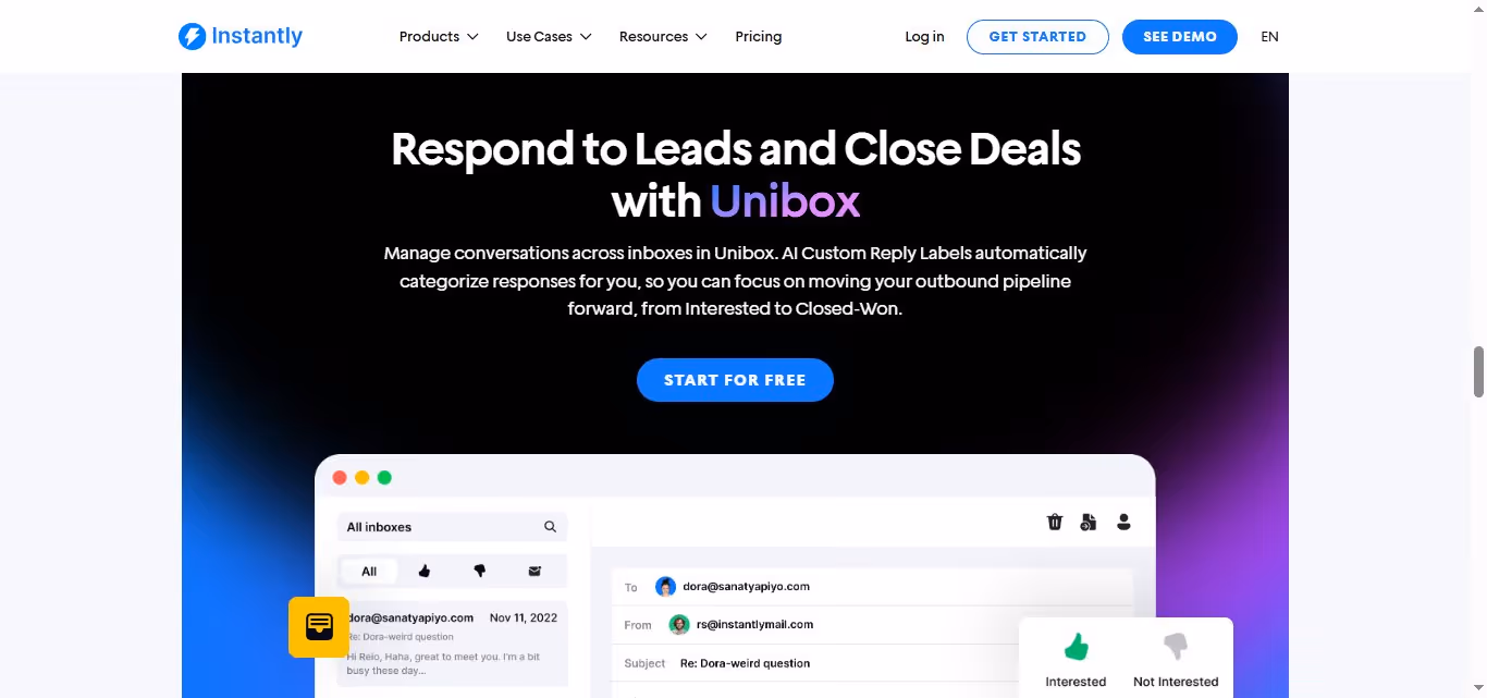 Instantly homepage section "Respond to Leads and Close Deals with Unibox" with an illustration of an email inbox interface.