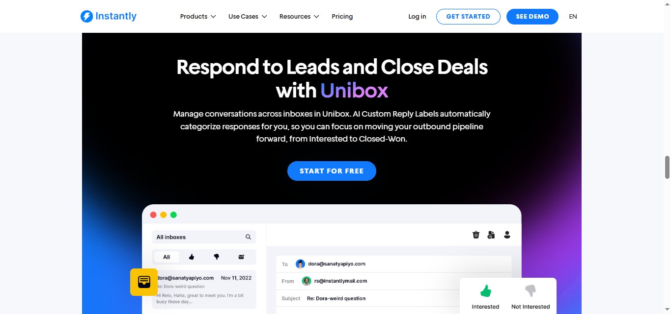 Instantly homepage section "Respond to Leads and Close Deals with Unibox" with an illustration of an email inbox interface.