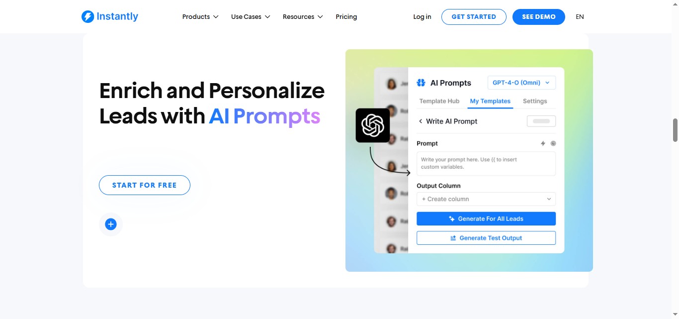  Instantly homepage section "Enrich and Personalize Leads with AI Prompts" with an illustration of AI prompt interface