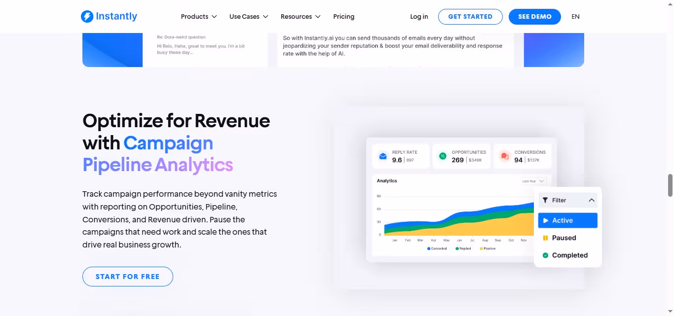 Instantly homepage section "Optimize for Revenue with Campaign Pipeline Analytics" with an illustration of campaign analytics graphs.
