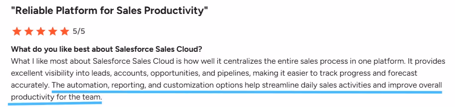 Screenshot of a Salesforce Sales Cloud review highlighting "productivity for the team".