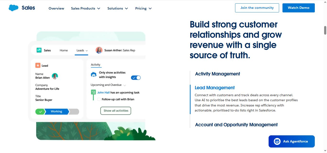 Salesforce Sales Cloud interface showing lead management and activity tracking.