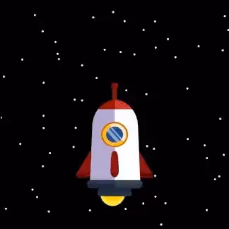 A cartoon rocket ship flies through space.