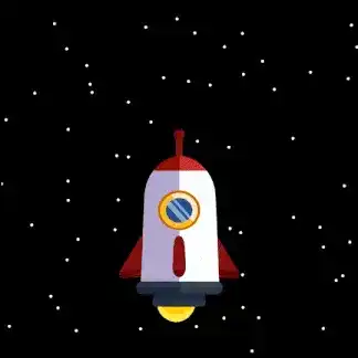 A cartoon rocket ship flies through space.