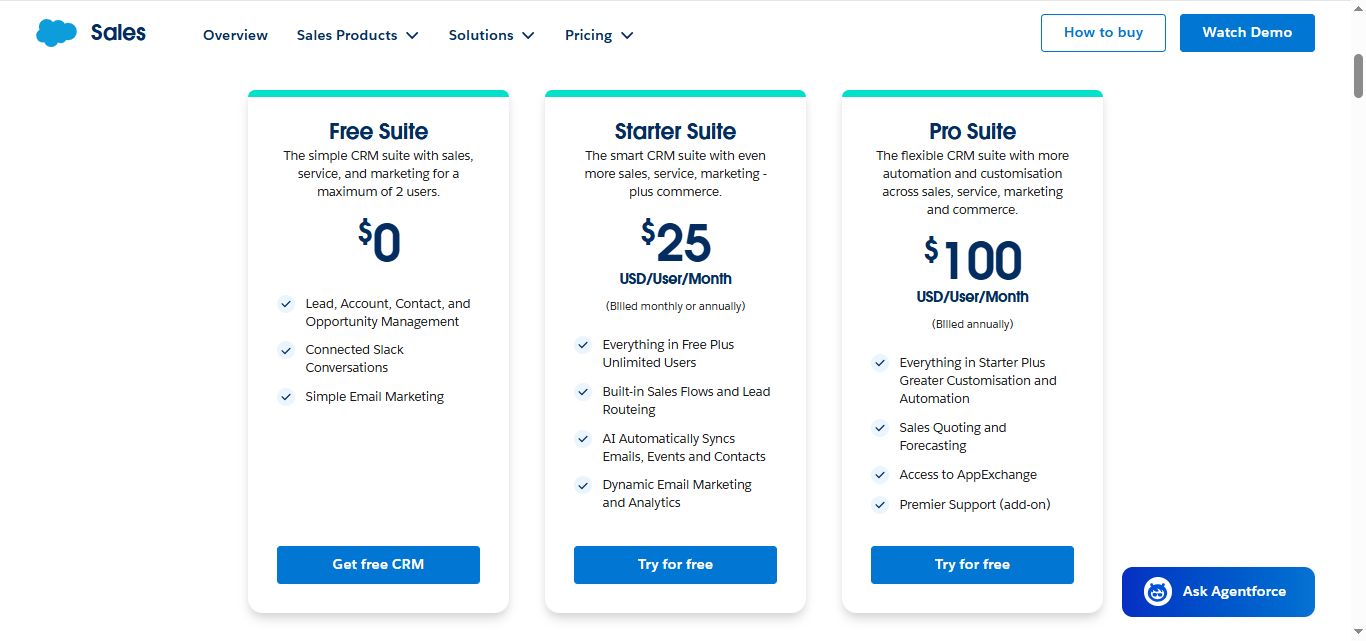Salesforce CRM pricing plans comparison: Free, Starter, and Pro