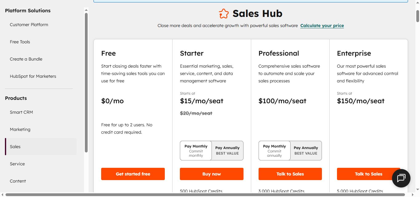 HubSpot Sales Hub pricing plans comparison: Free, Starter, Professional, and Enterprise