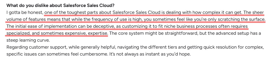 Screenshot of a Salesforce Sales Cloud review highlighting "complex" and "specialized, and sometimes expensive, expertise".