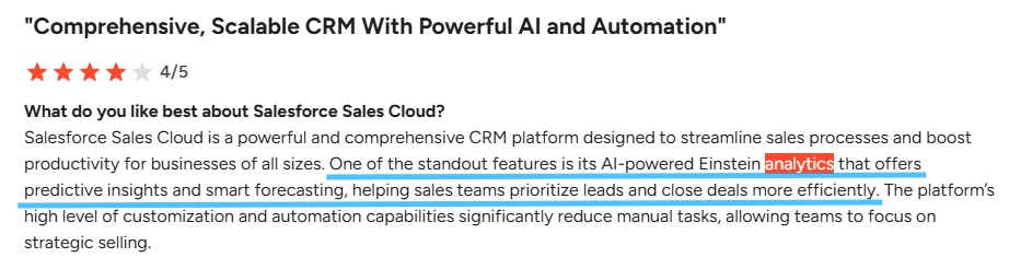 Screenshot of a Salesforce Sales Cloud review highlighting "Einstein analytics" and "predictive insights and smart forecasting".
