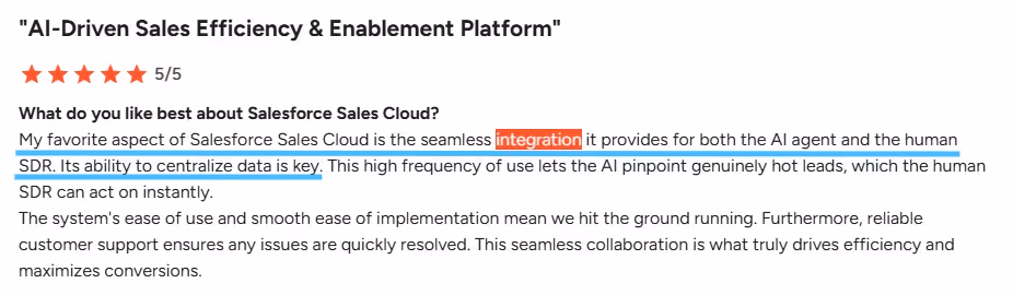 Screenshot of a Salesforce Sales Cloud review highlighting "seamless integration" and "centralize data".