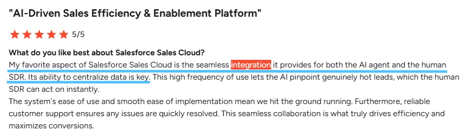 Screenshot of a Salesforce Sales Cloud review highlighting "seamless integration" and "centralize data".