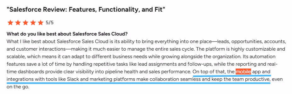 Screenshot of a Salesforce review highlighting positive aspects like lead management and mobile app integration.