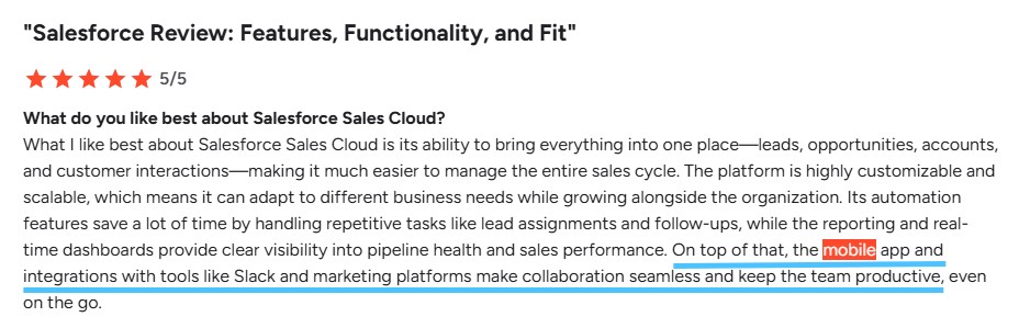 Screenshot of a Salesforce review highlighting positive aspects like lead management and mobile app integration.