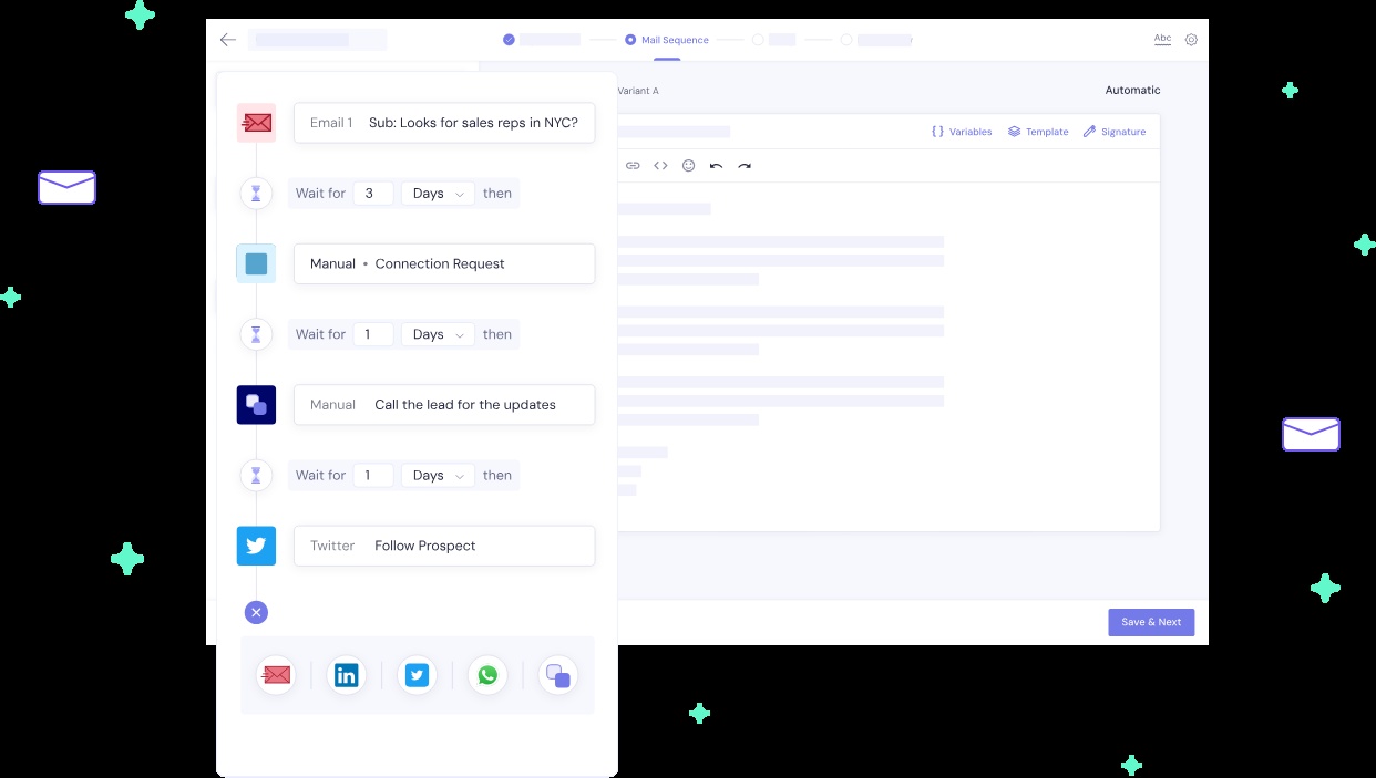 Smartlead.ai mail sequence builder with automated and manual steps.