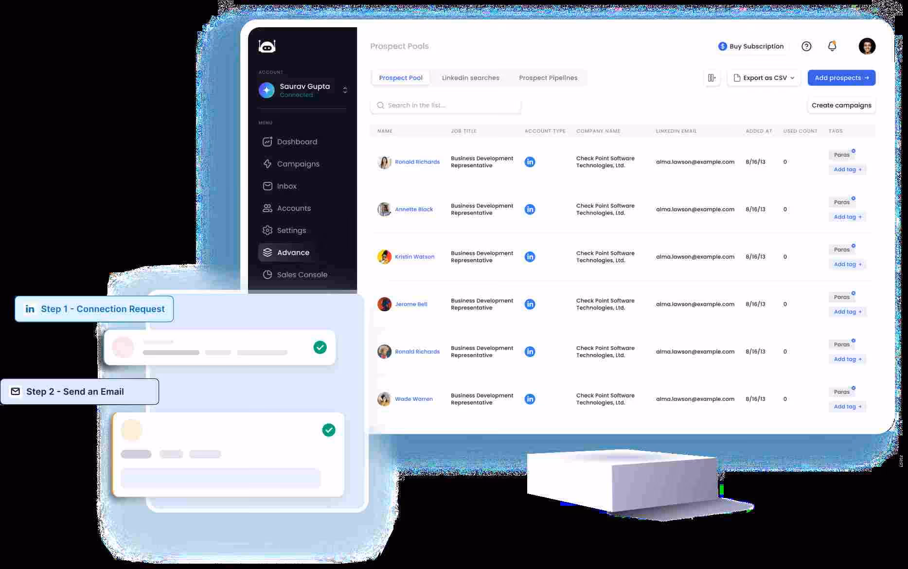 A dashboard displaying a list of prospects and campaign management options.