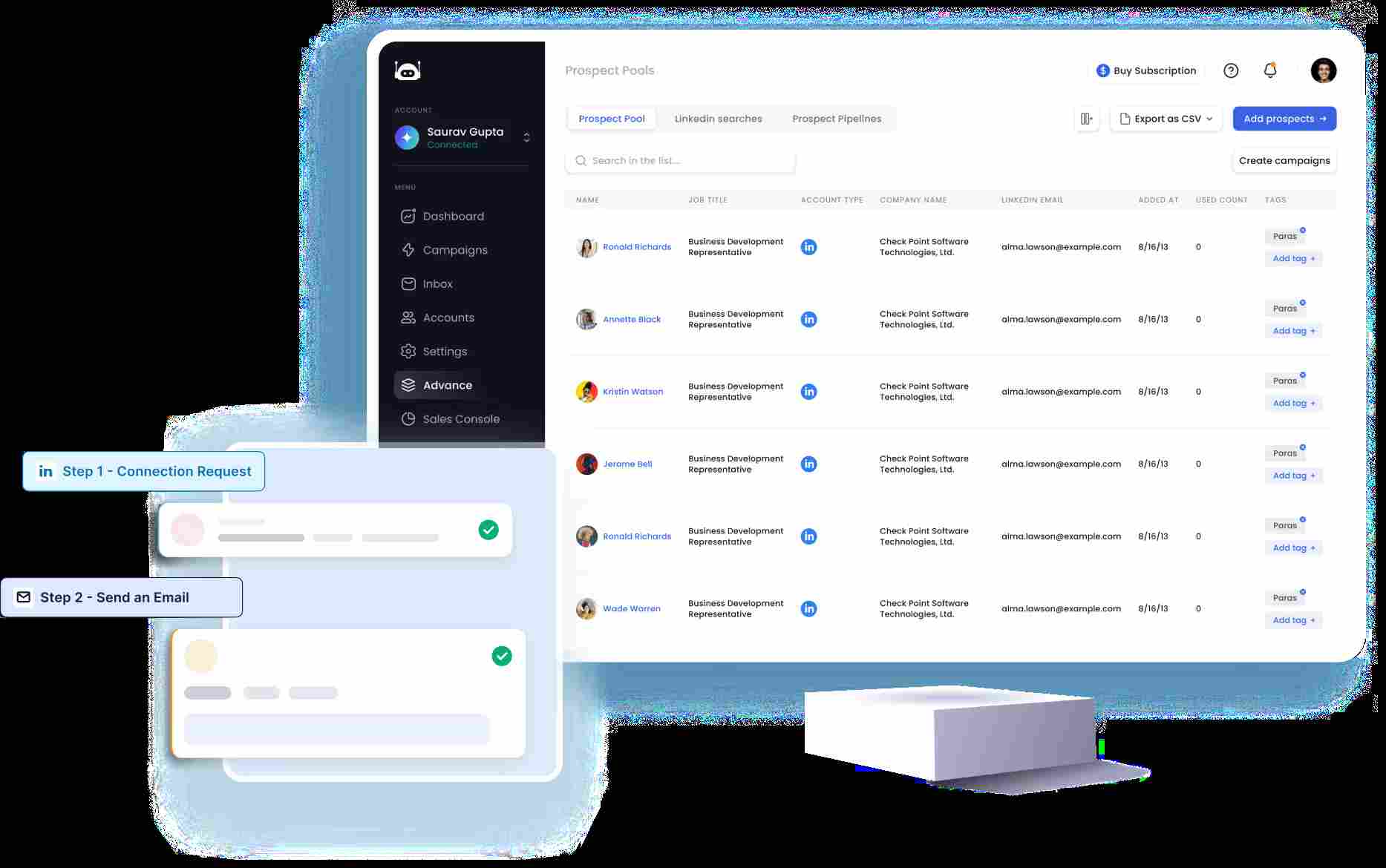 SalesRobot prospect pool interface showing contact details and campaign options.