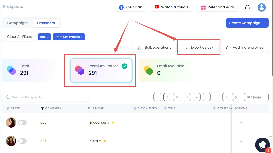 List of Premium profiles from the given search list in SalesRobot and option to export them as CSV