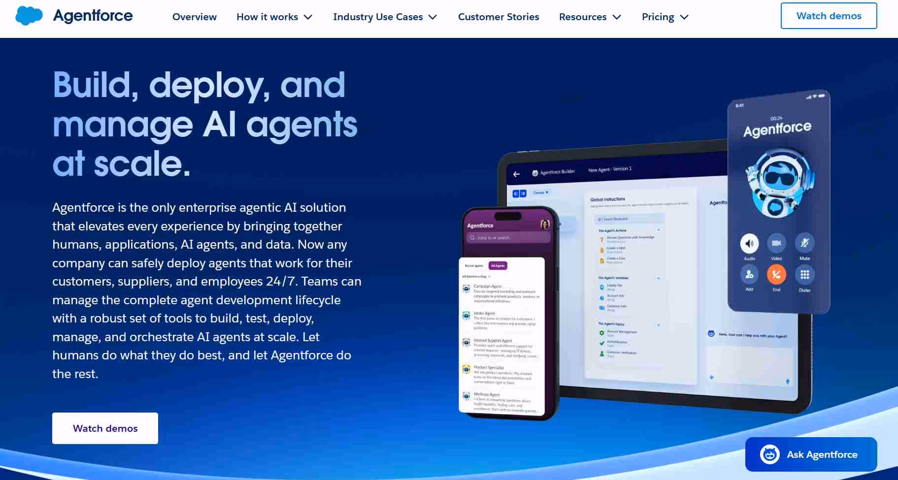 Agentforce homepage featuring a large heading that says "Build, deploy, and manage AI agents at scale.