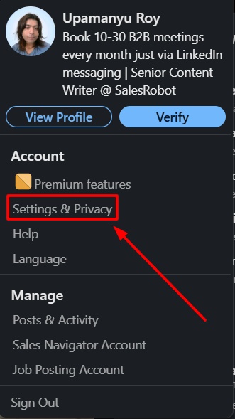 LinkedIn profile Settings & Privacy button