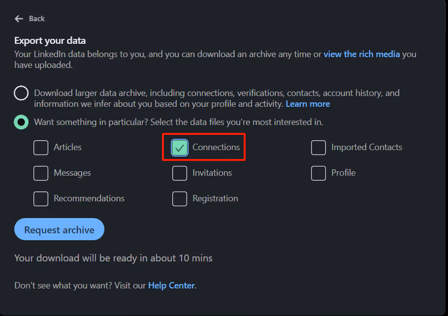 "Connections" option in the "Export data" section 