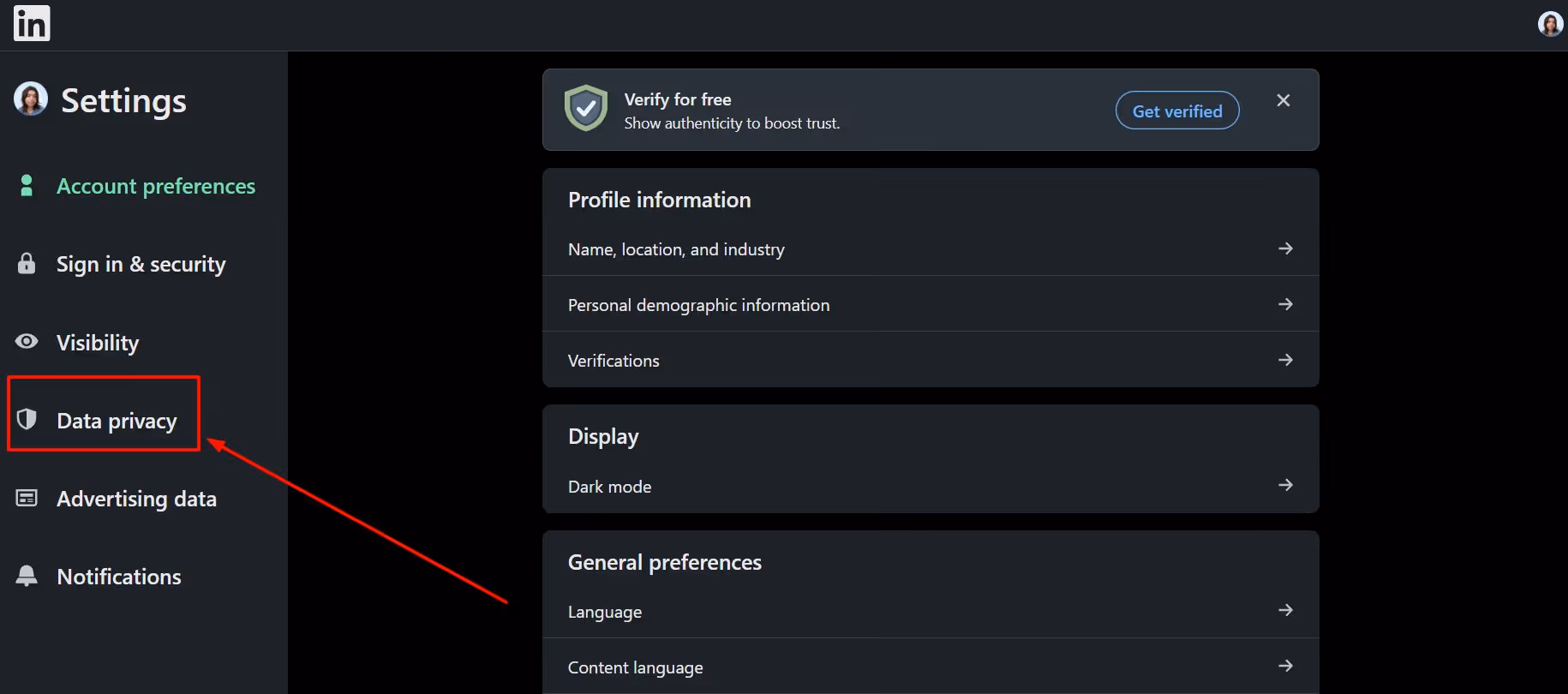 Data privacy section in LinkedIn settings