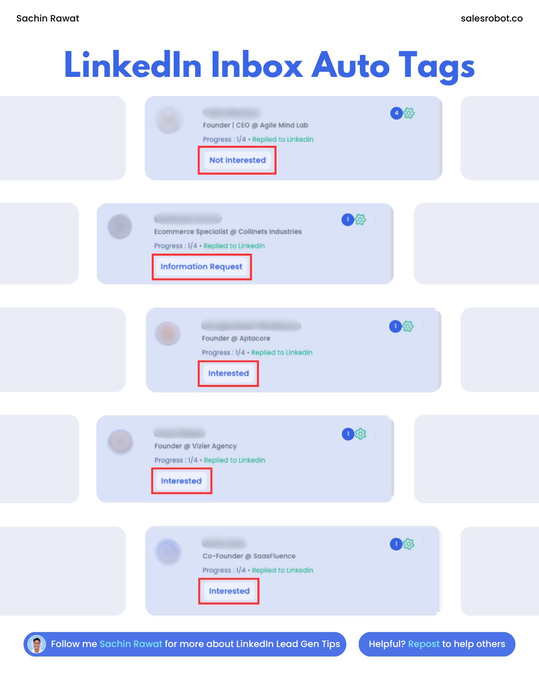 Screenshot of LinkedIn Inbox Auto Tags with different progress statuses.