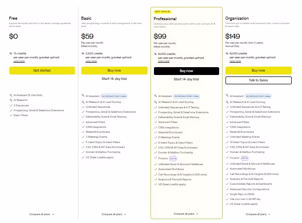 Instantly.co pricing plans.