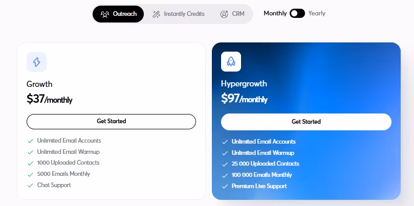 Pricing plans comparison for outreach and hypergrowth.