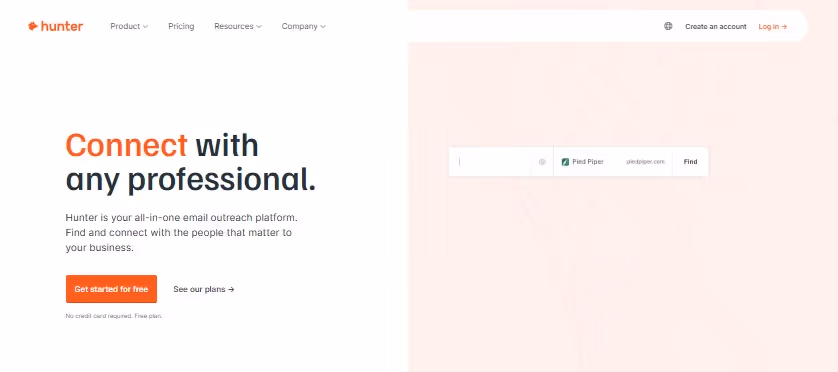 Hunter.io homepage with "Connect with any professional" headline.