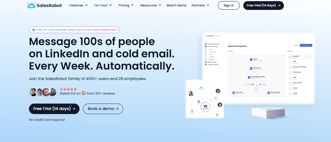 SalesRobot landing page showing "Message 100s of people on Linkedin and cold email. Every Week. Automatically