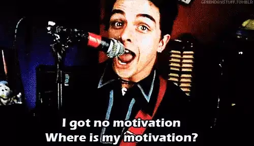 Billie Joe Armstrong singing into a microphone with the lyrics "I got no motivation Where is my motivation?