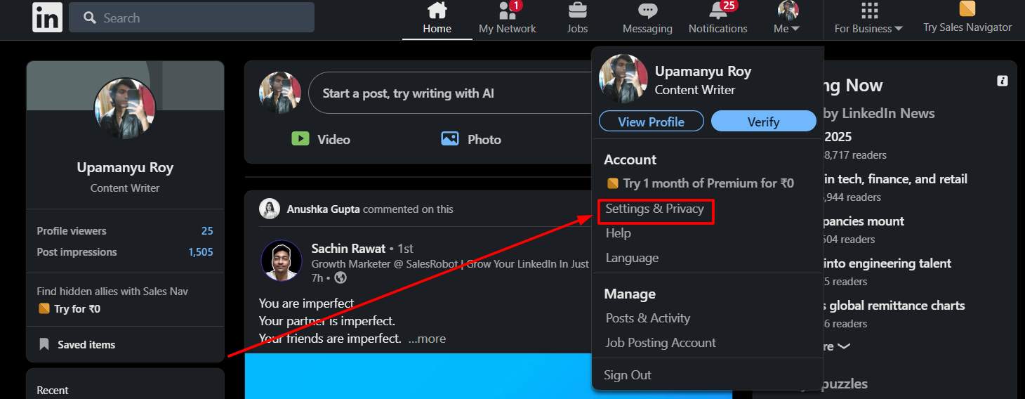 LinkedIn settings and privacy option