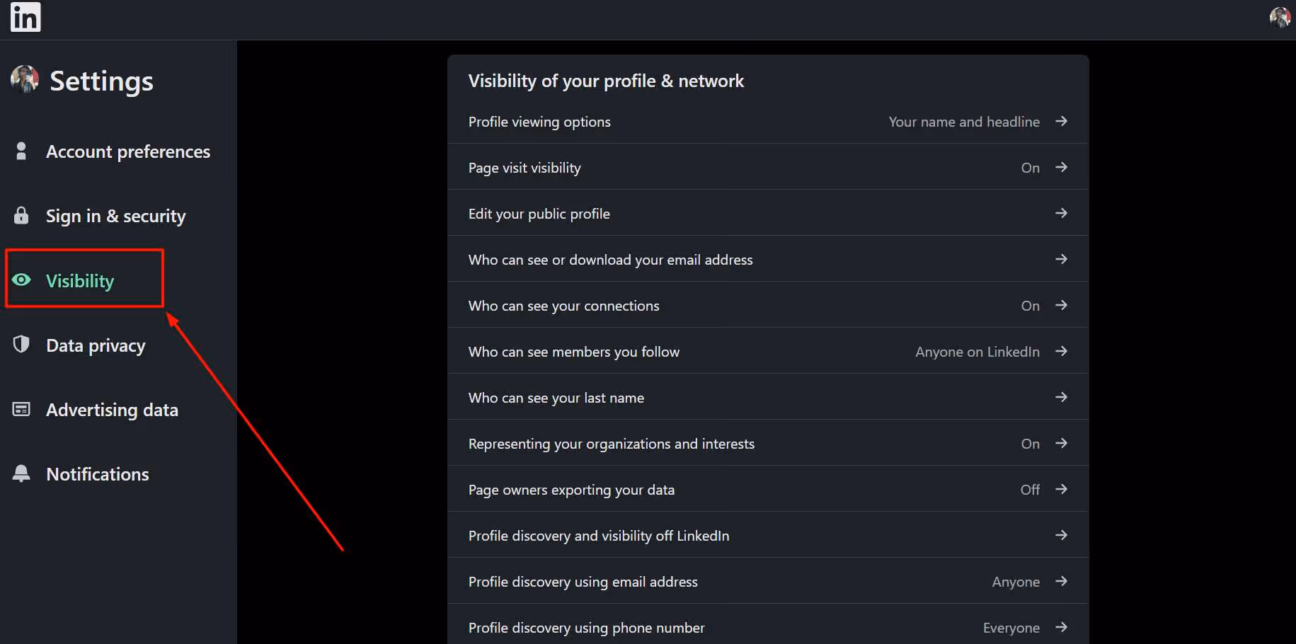 LinkedIn visibility menu