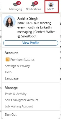 A LinkedIn menu showing options for Messaging, Notifications, and the user's profile.