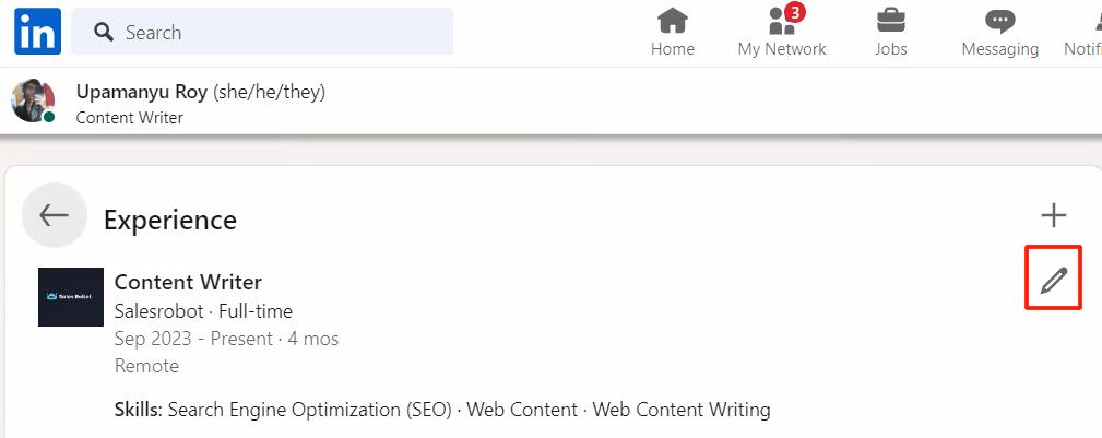 Pencil icon on the "Experience" section on the user profile