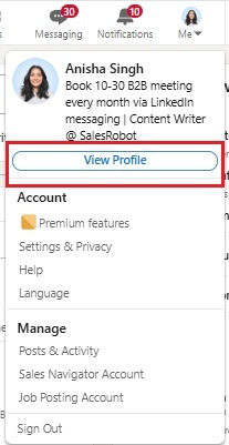 A LinkedIn menu showing the option to View Profile.